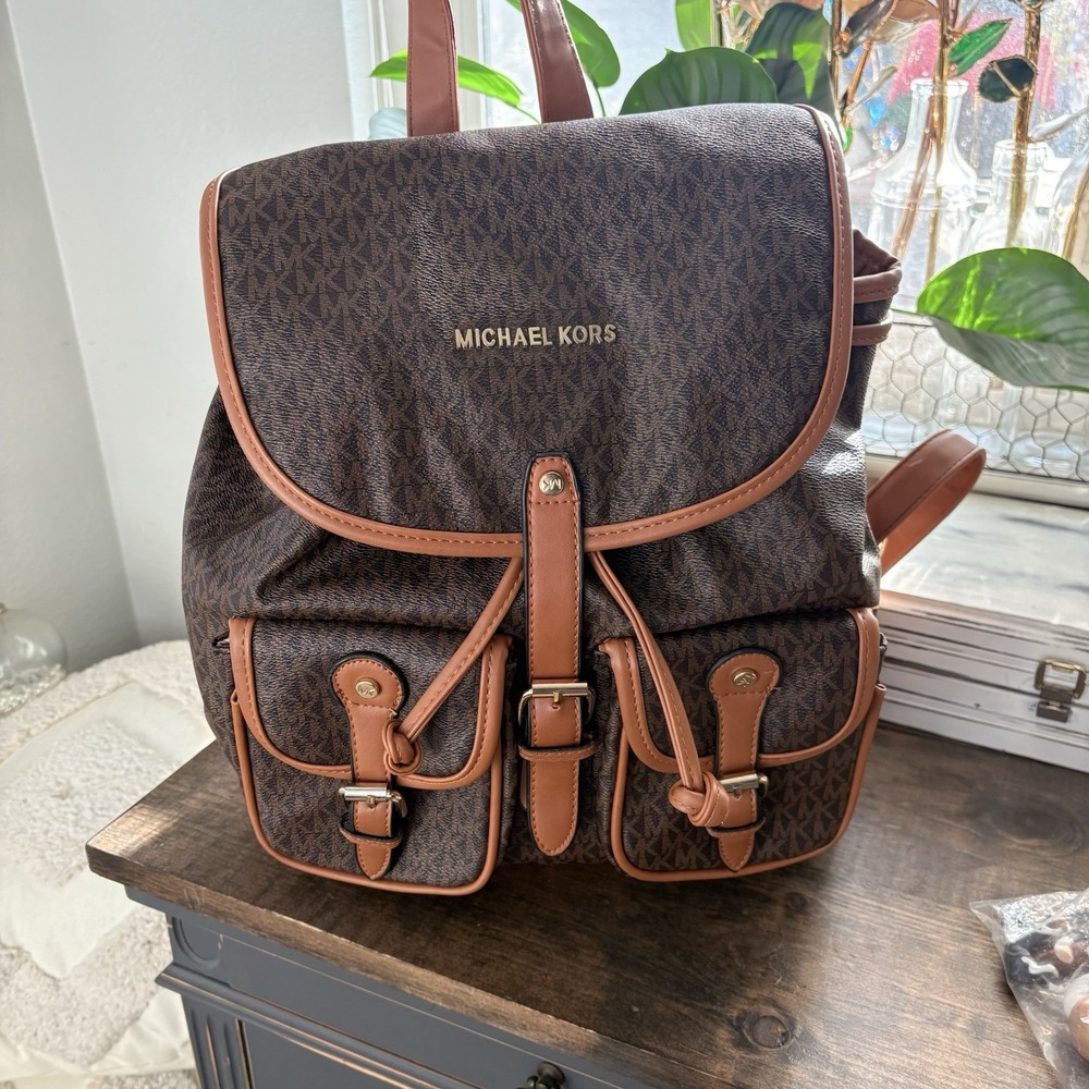 MICHAEL KORS MK MONOGRAM Jet Set Large Drawstring BACKPACK Brown Leather